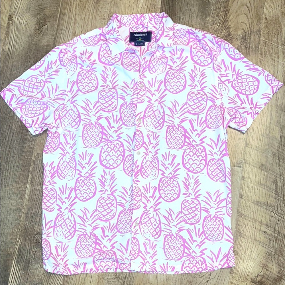 Chubbies White Short Sleeve Button-Down Shirt with Pink Pineapple Print Mens L